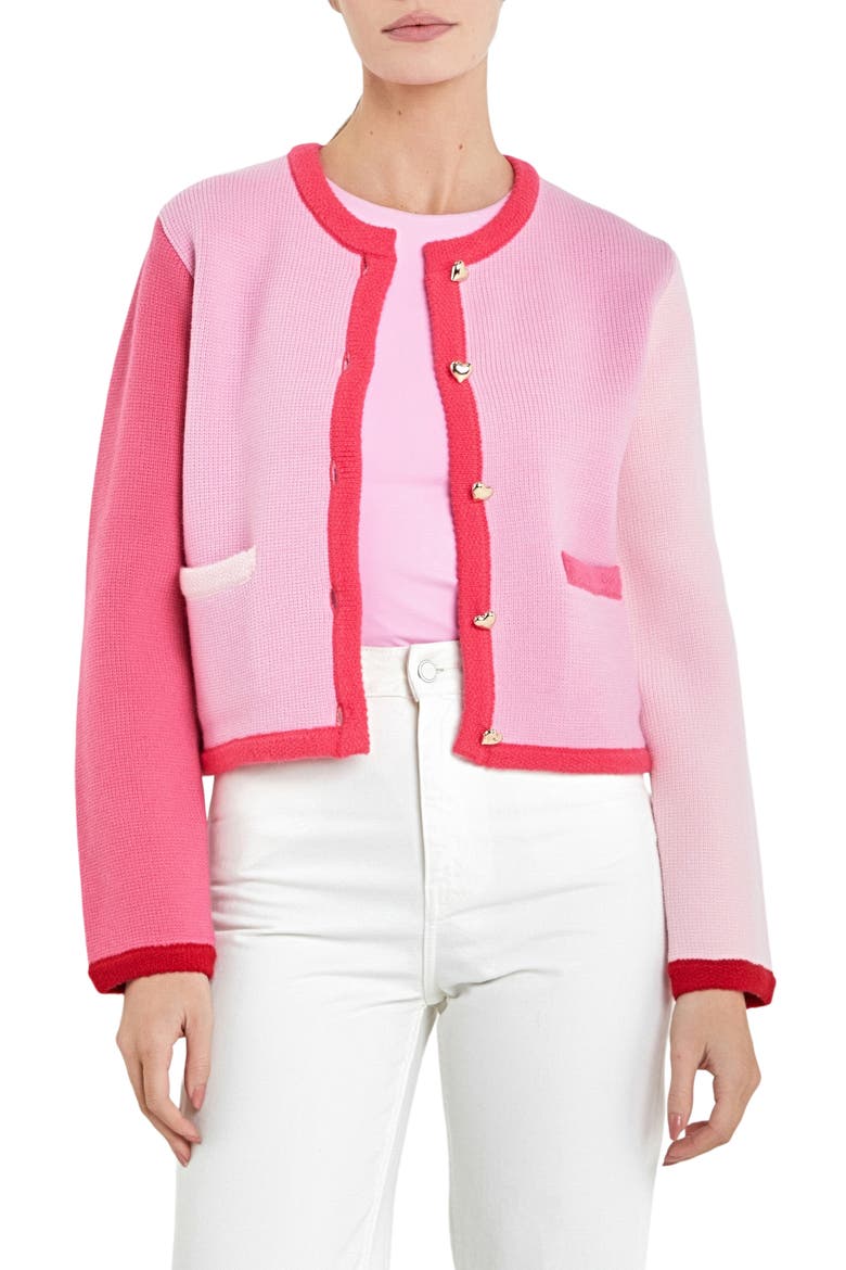 Colorblock Heart Button Cardigan, Main, color, PINK MULTI