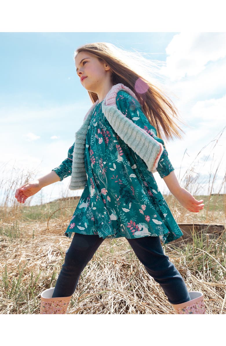 Deux par Deux Girl's Puffy Long Sleeve Viscose Dress Turquoise Printed Fairy Unicorn, Alternate, color,