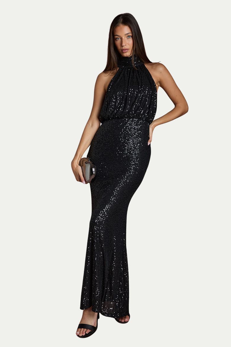 Halterneck Sequin Bridesmaid Maxi Dress, Main, color, Black