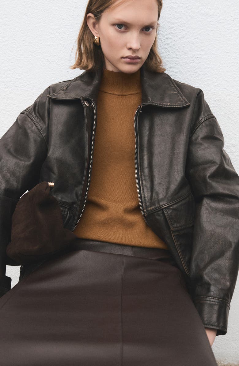 MANGO Perkins Stripe Mock Neck Sweater, Alternate, color, Medium Brown