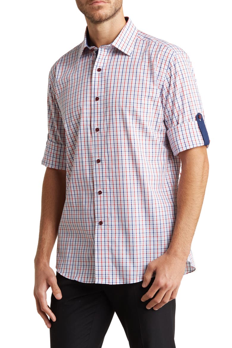 Check Print Trim Fit Long Sleeve Cotton Button-Up Shirt, Main, color, WHITE/ NAVY/ RED