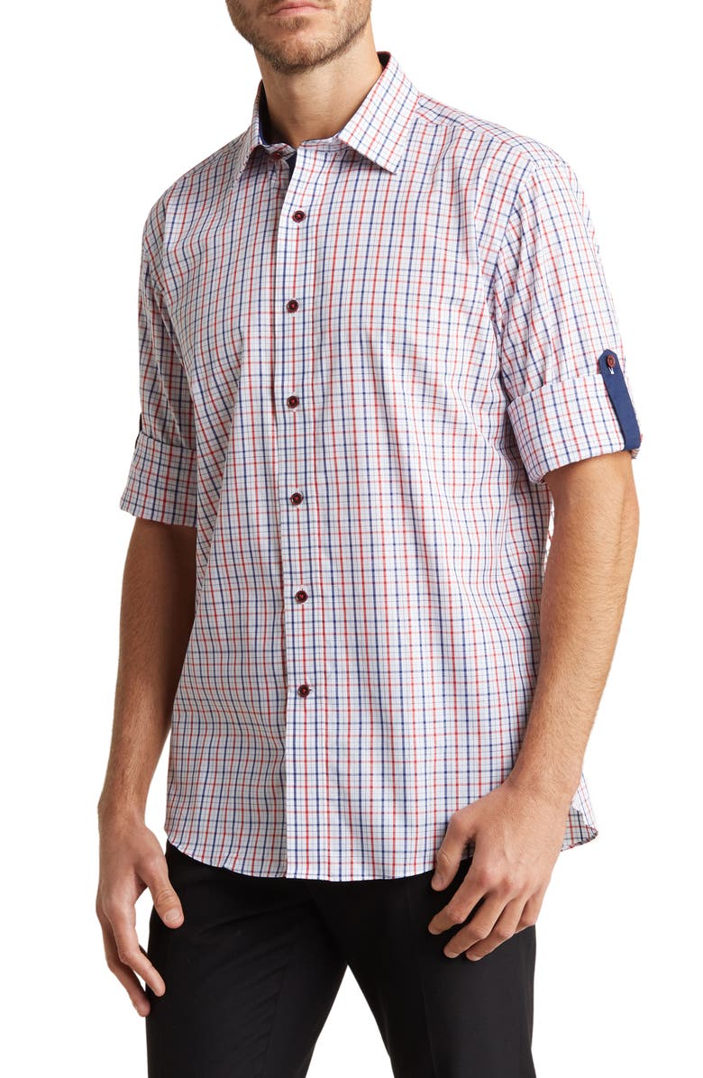 Lorenzo Uomo Check Print Trim Fit Long Sleeve Cotton Button-Up Shirt, Main, color, White/ Navy/ Red