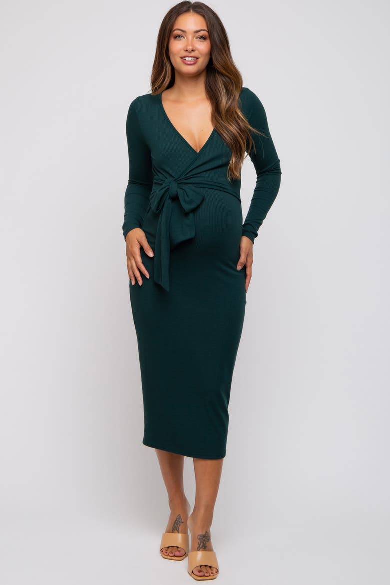 Ribbed Long Sleeve Wrap Dress, Alternate, color, Forest Green