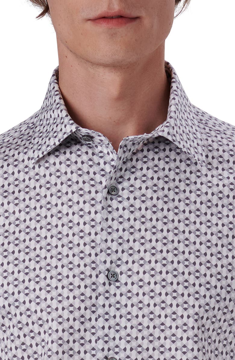 Bugatchi Miles OoohCotton<sup>®</sup> Geo Print Short Sleeve Button-Up Shirt, Alternate, color, Cement