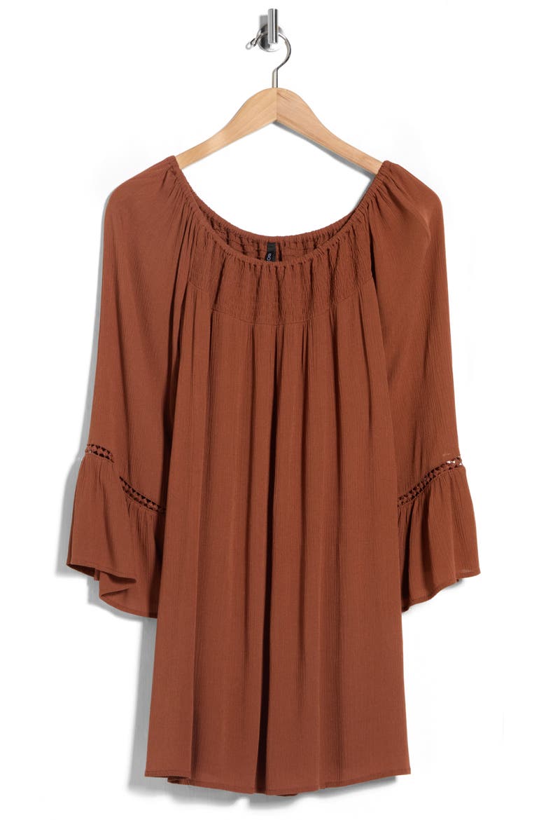 Smocked Bell Sleeve Blouse, Alternate, color, BROWN