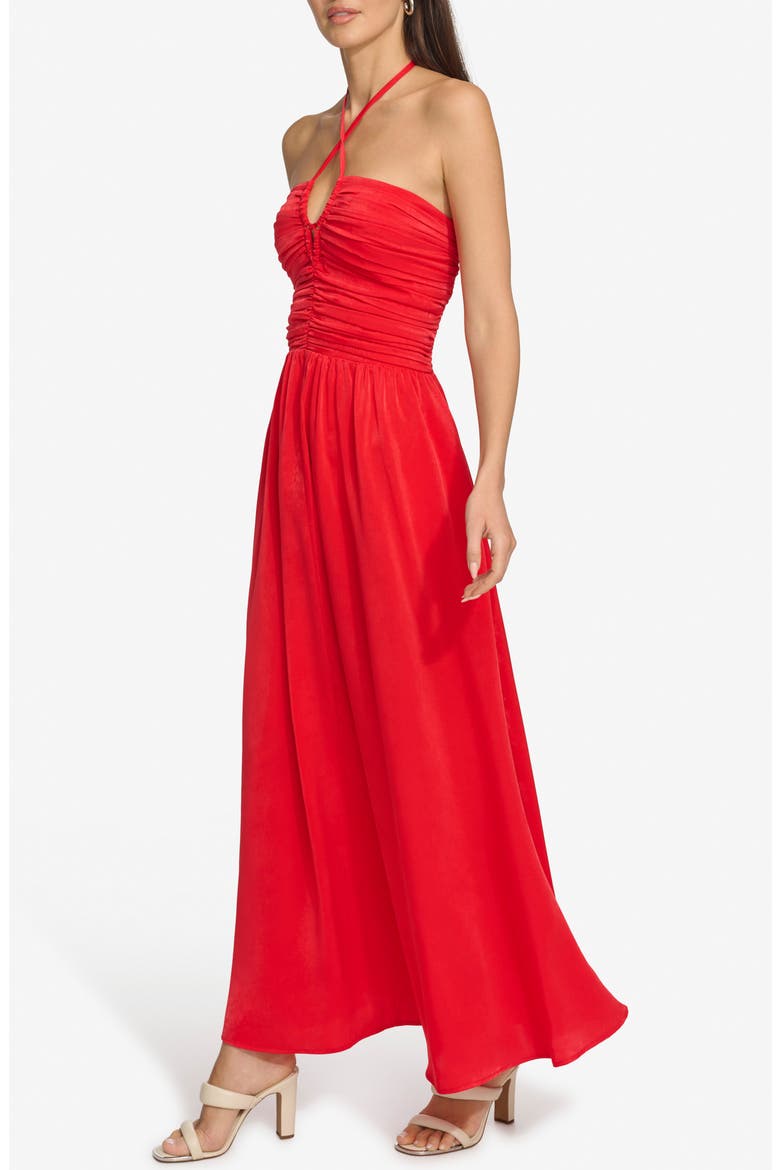 Ruched Halter Satin Maxi Dress, Alternate, color, FLAME