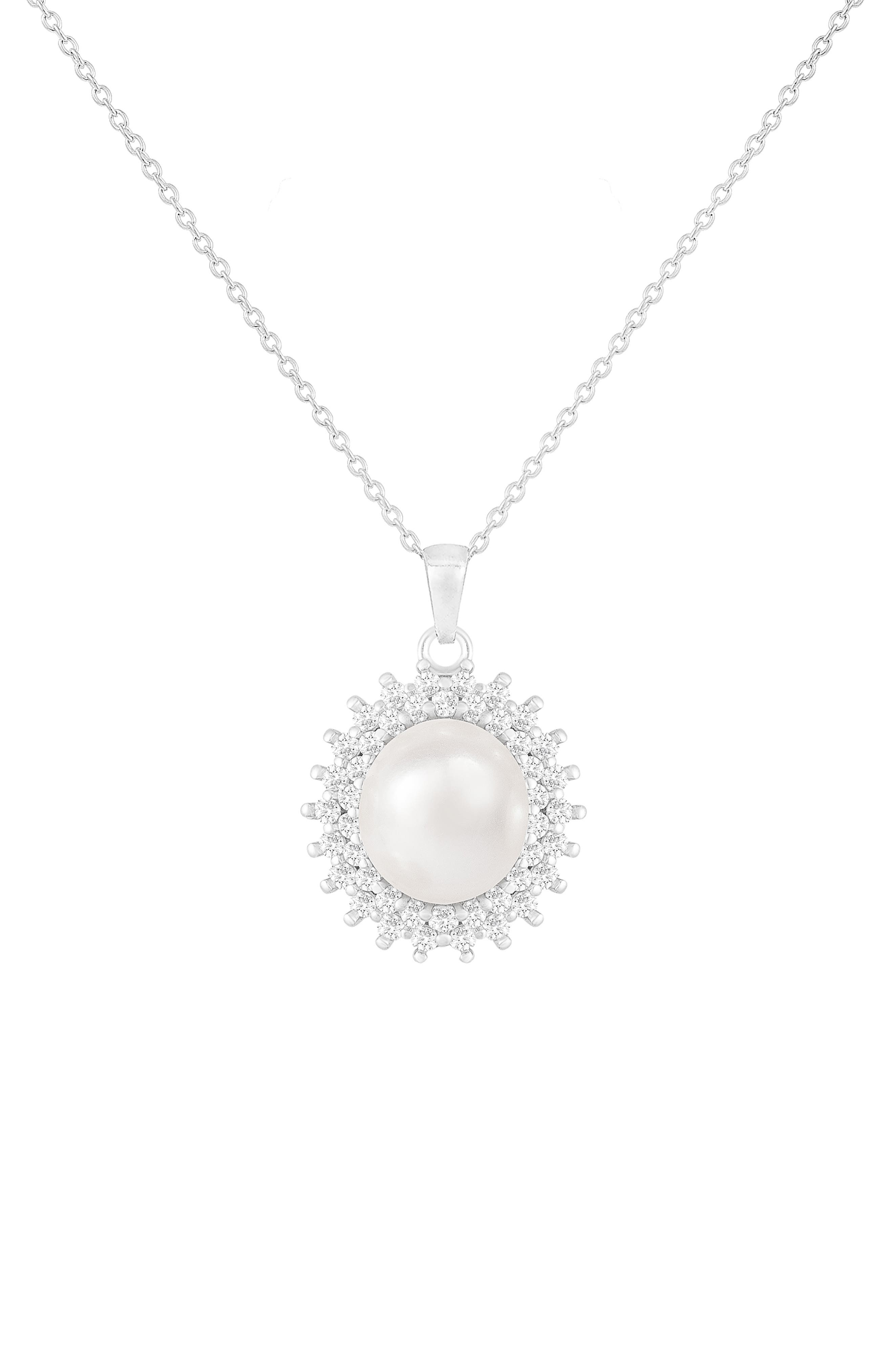 7-8mm Cultured Pearl & CZ Halo Pendant Necklace