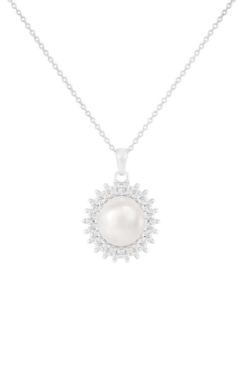 7-8mm Cultured Pearl & CZ Halo Pendant Necklace