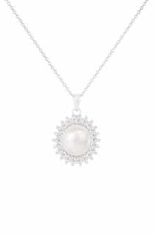7-8mm Cultured Pearl & CZ Halo Pendant Necklace