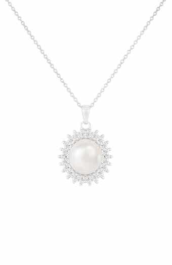 7-8mm Cultured Pearl & CZ Halo Pendant Necklace