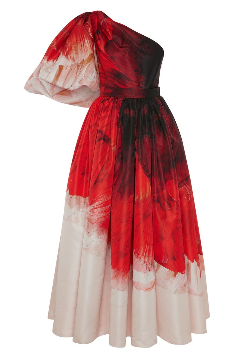 McQueen Alexander McQueen Anemone Print One-Shoulder Puff Sleeve Faille Dress, Alternate, color,
