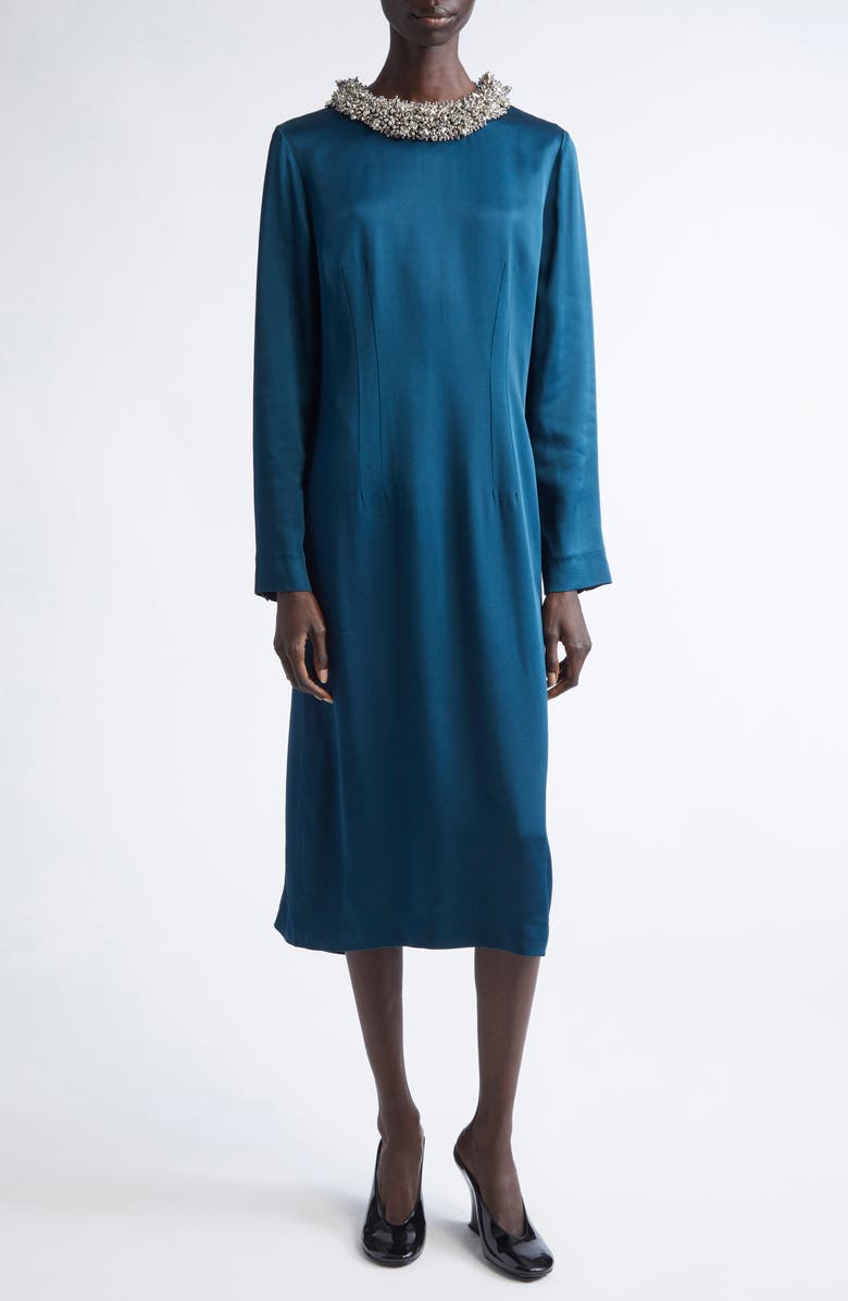 Dries Van Noten Danora Embellished Long Sleeve Satin Dress, Main, color, Petrol