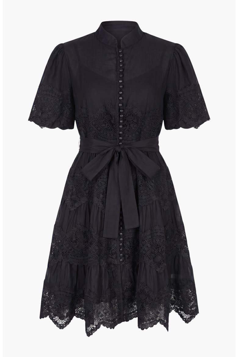 Lace Trim Puff Sleeve Midi Dress with Waist Tie, Alternate, color, Black