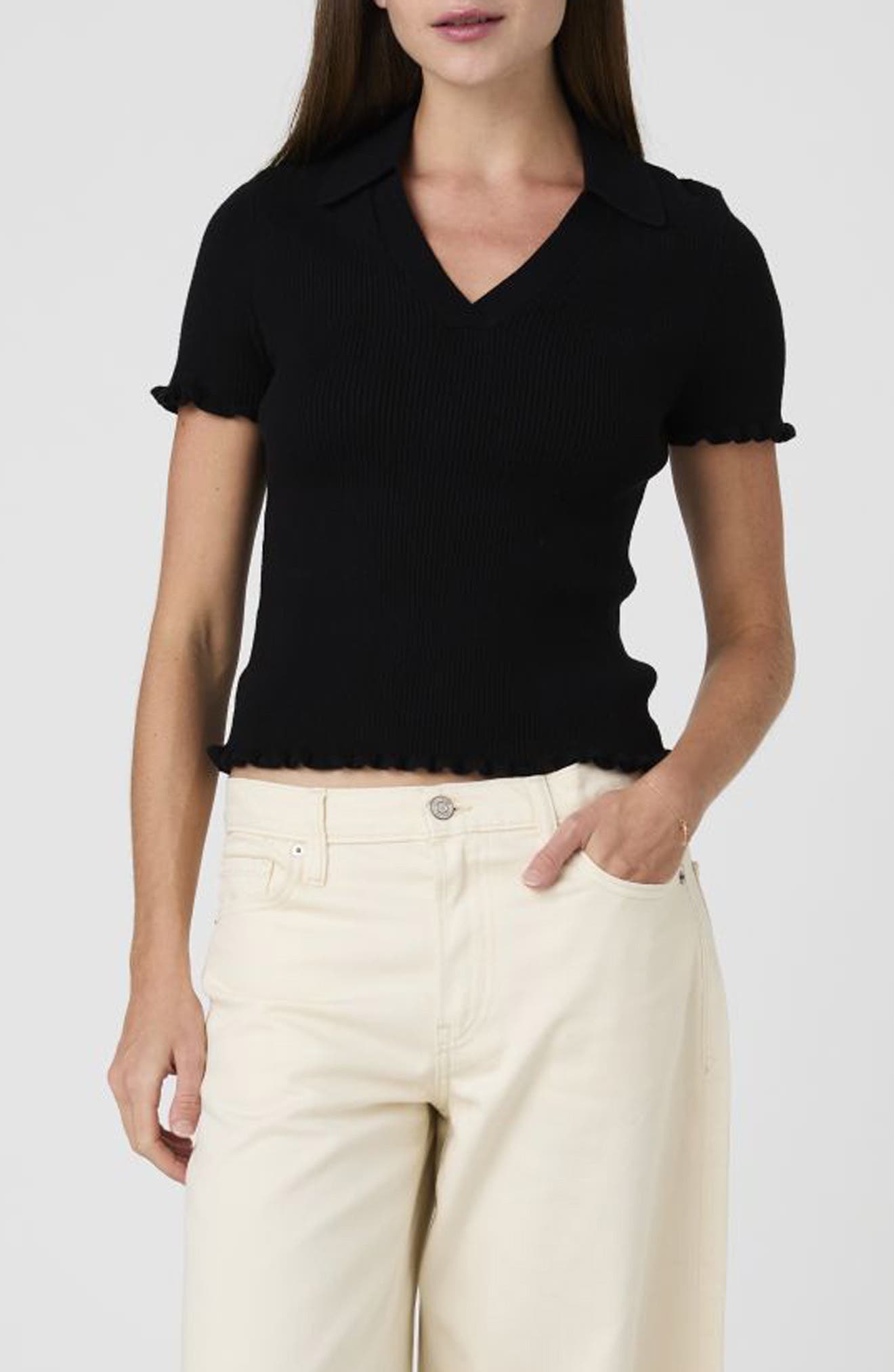 Ruffle Trim Ribbed Polo Sweater
