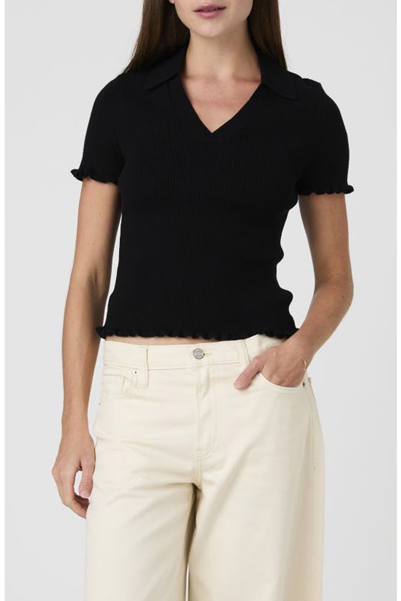 Ruffle Trim Ribbed Polo Sweater, Main, color, BLACK