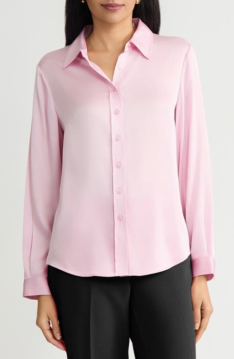 Point Collar Satin Button-Up Shirt