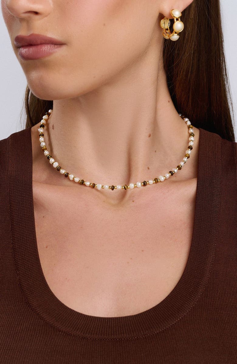 Nialaya Mini Beaded Pearl Tiger Eye Choker, Alternate, color, White/Brown