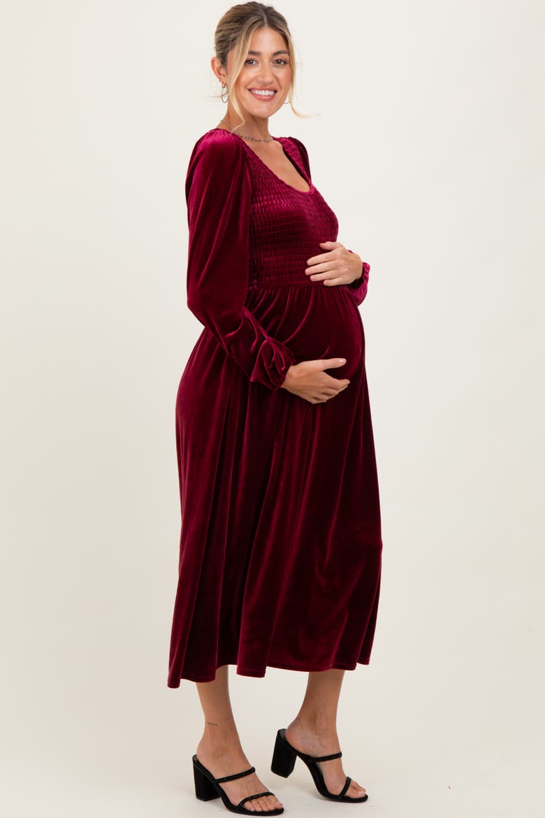 Velvet Smocked Long Sleeve Midi Dress, Alternate, color, Burgundy