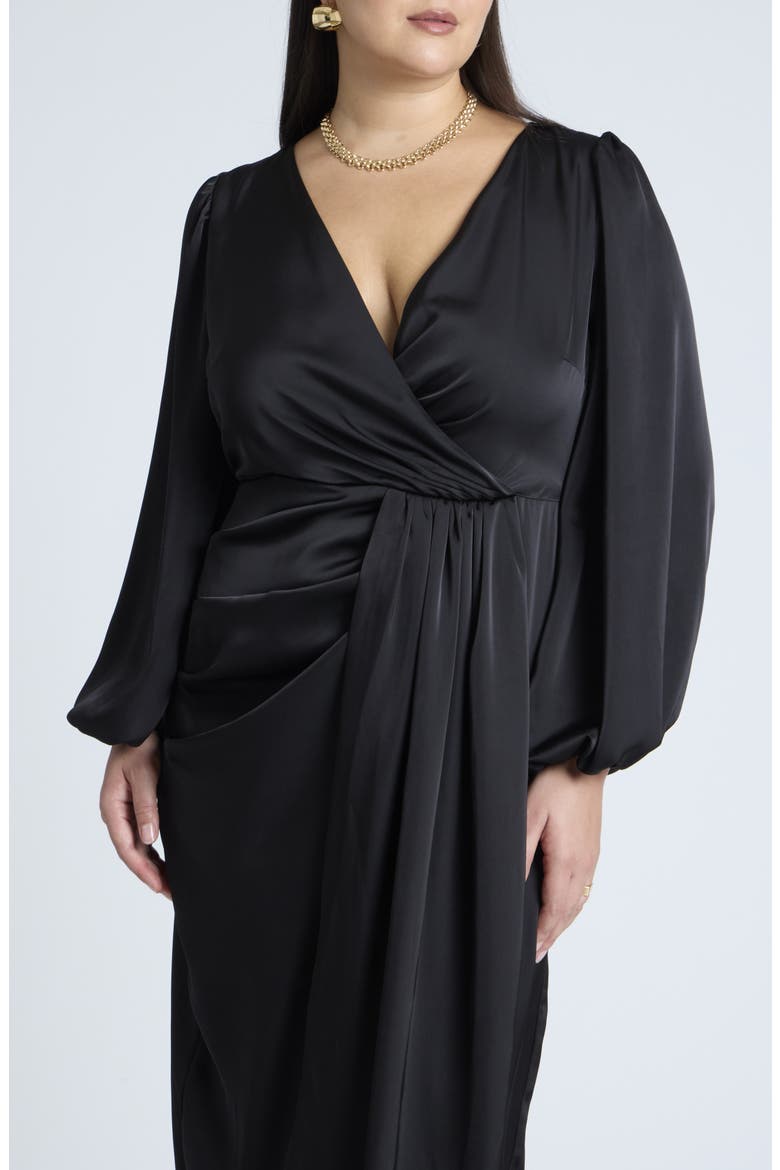 Satin Puff Sleeve Pleated Dress, Alternate, color, BLACK