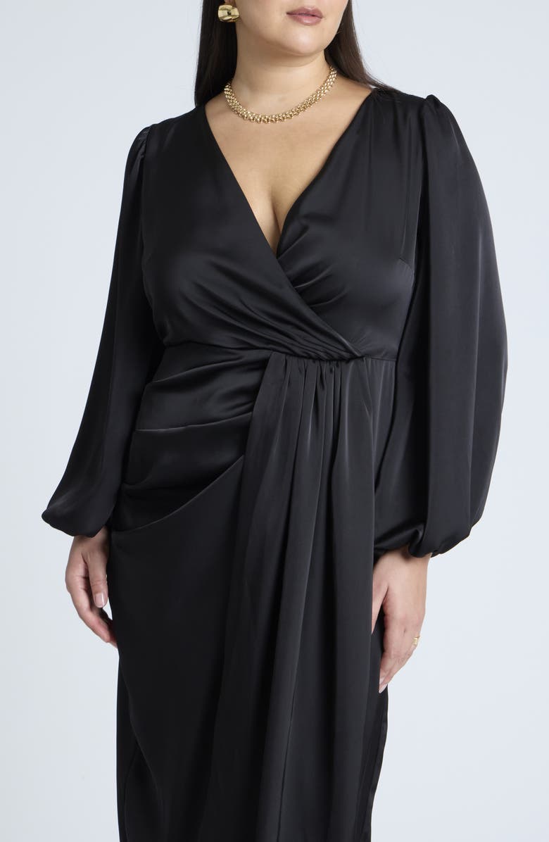 ELOQUII Ruched Puff Shoulder Satin Maxi Dress, Alternate, color, 