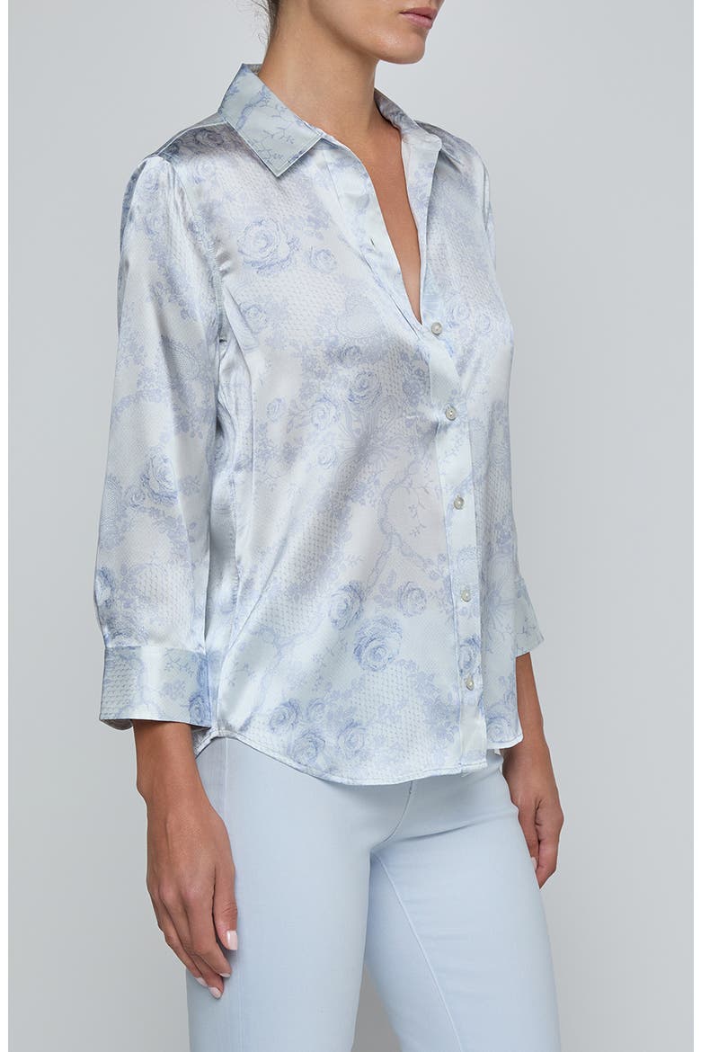 Dani Lace Print Three-Quarter Sleeve Silk Button-Up Shirt, Alternate, color, IVORY MIST/ BLUE LACE PRINT