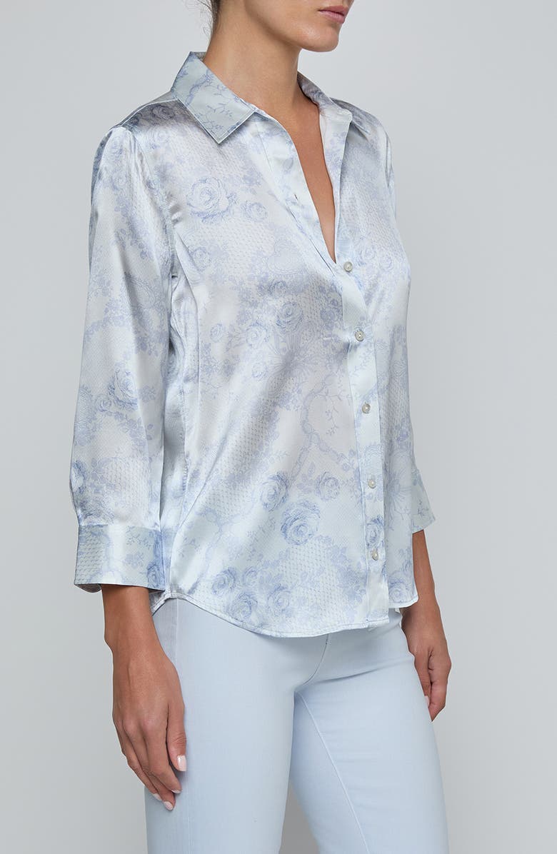 L'AGENCE Dani Lace Print Three-Quarter Sleeve Silk Button-Up Shirt, Alternate, color, Ivory Mist/ Blue Lace Print