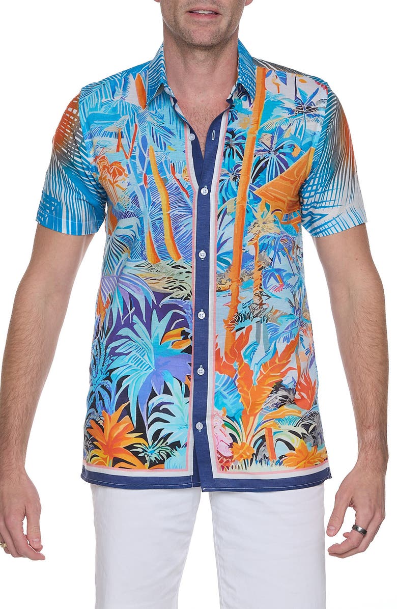 RANEES Resort Extra Trim Fit Short Sleeve Linen & Cotton Button-Up Shirt, Main, color, Blue