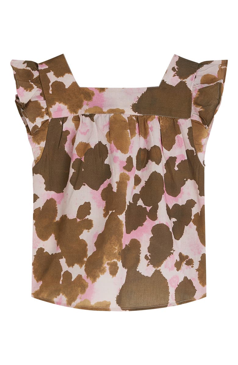 Scotch & Soda Kids' Abstract Print Ruffle Accent Cotton & Linen Top, Alternate, color, Painterly Animal Lilac Snow