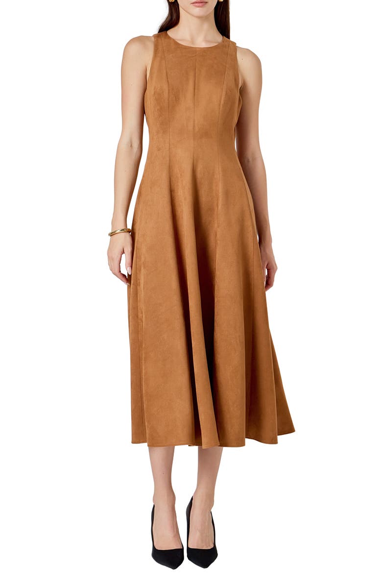 Endless Rose Sleeveless Faux Suede Midi Dress, Main, color, Camel