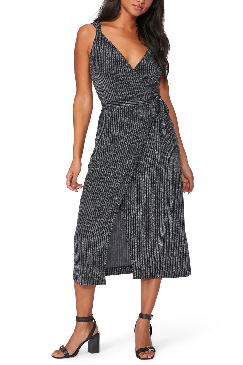 Marina Metallic Wrap Dress, Main, color, BLACK W/ SILVER METALLIC
