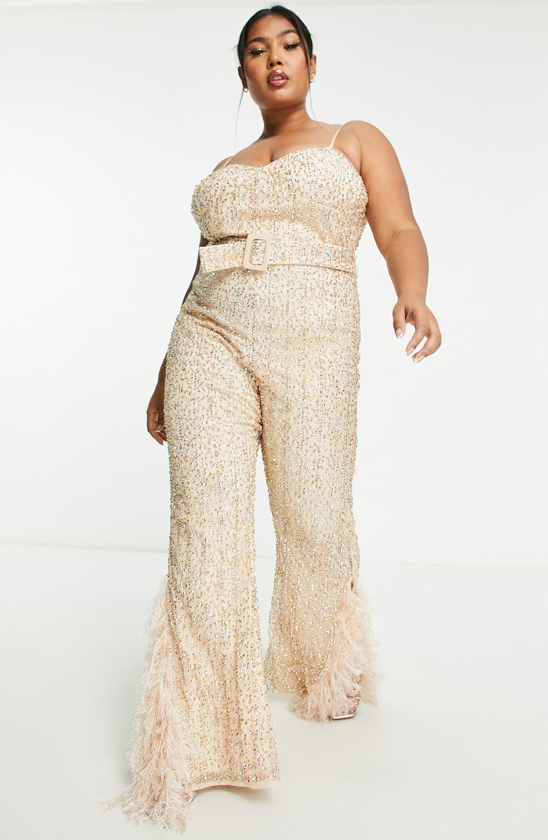 ASOS DESIGN LUXE Curve Sequin Faux Feather Belted Jumpsuit, Main, color, 