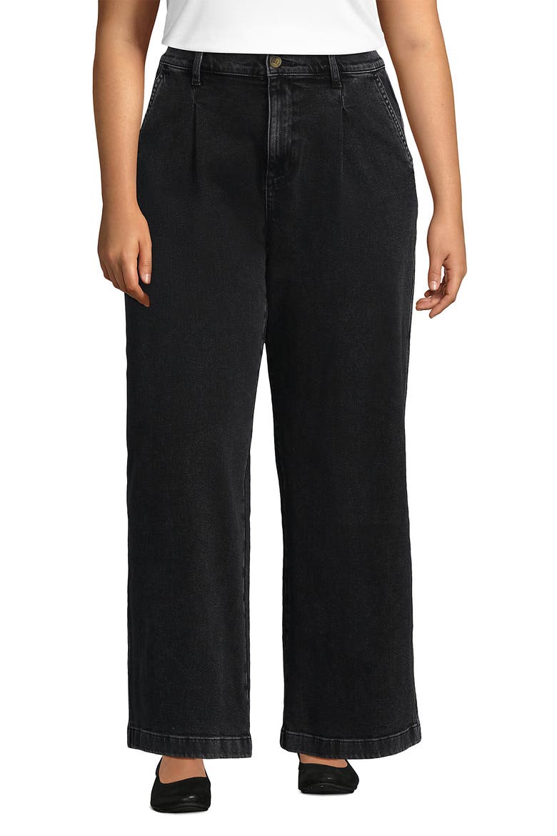 Plus Size High Rise Soft Denim Pleated Wide Leg Trousers, Main, color, Black Wash