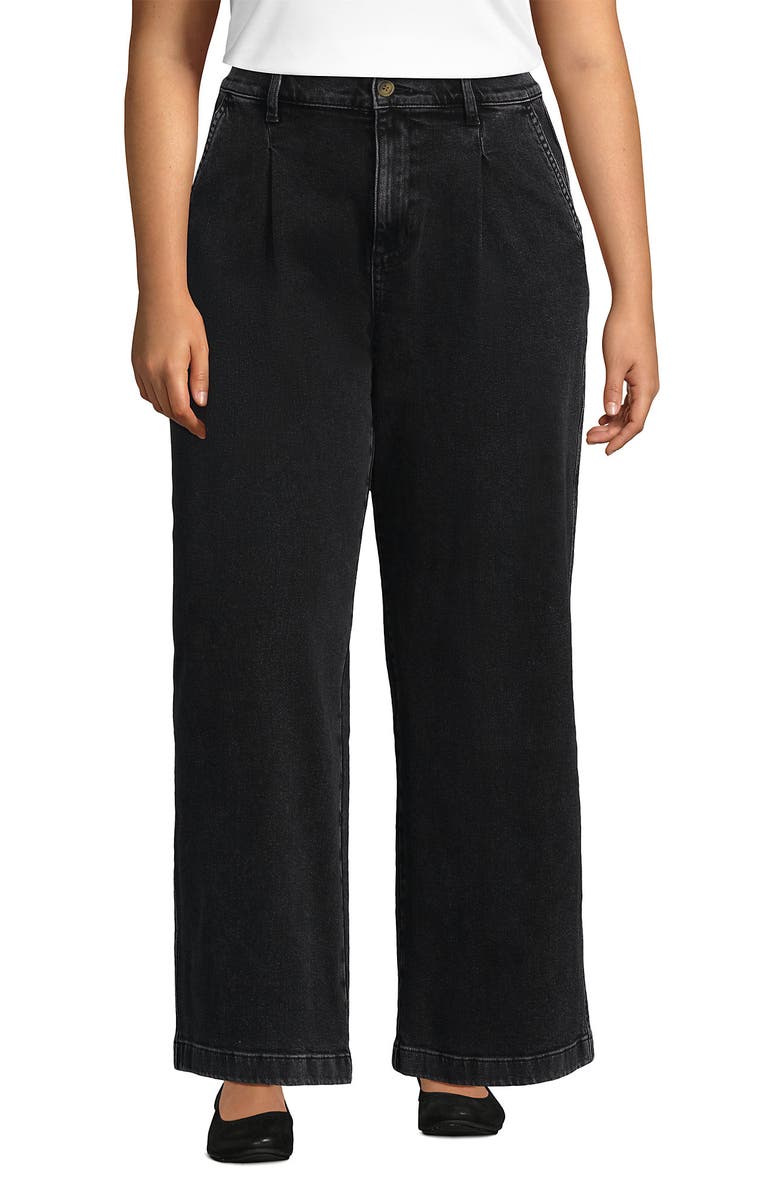 Lands' End High Rise Soft Denim Pleated Wide Leg Trousers, Main, color, Black Wash