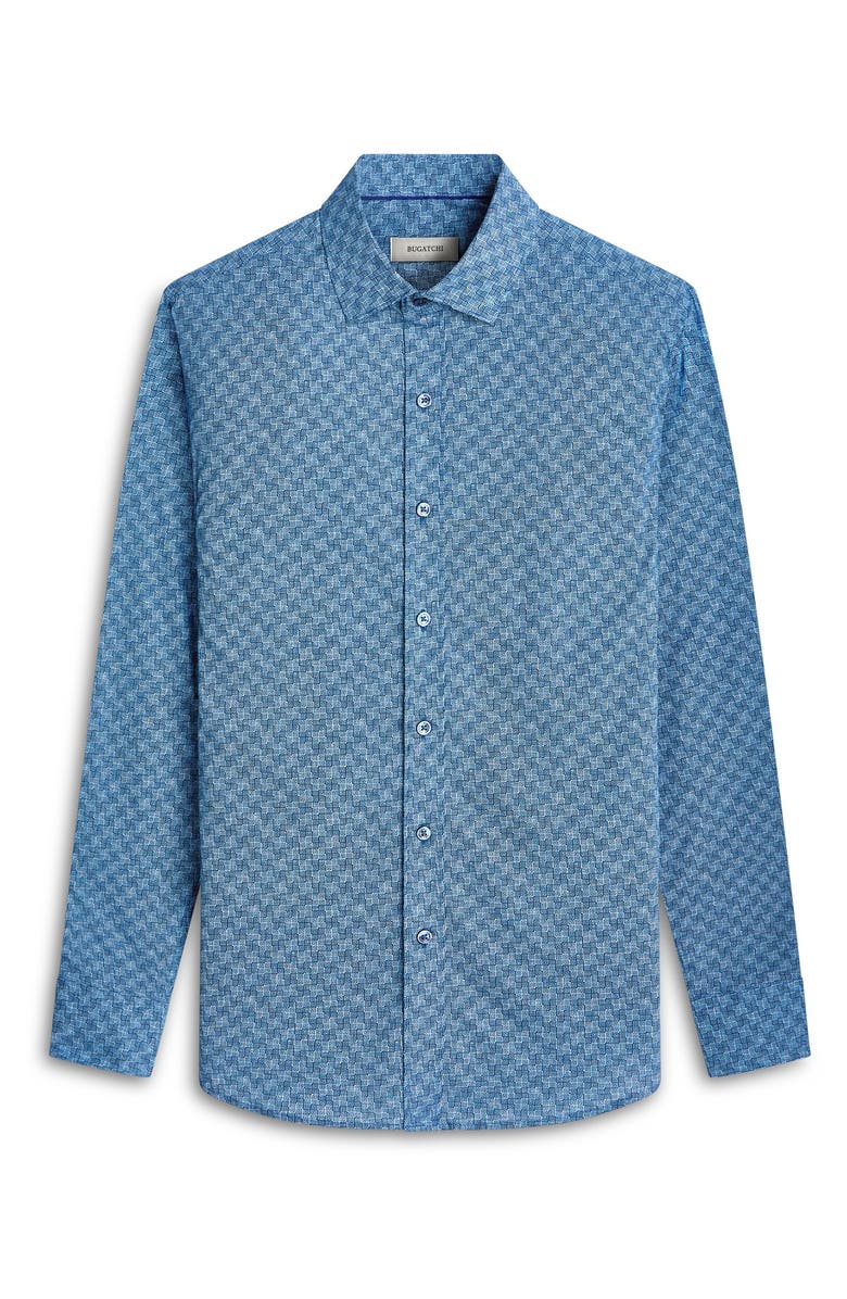 Bugatchi Axel Shaped Fit Geo Print Stretch Cotton Button-Up Shirt, Alternate, color, Dusty Blue