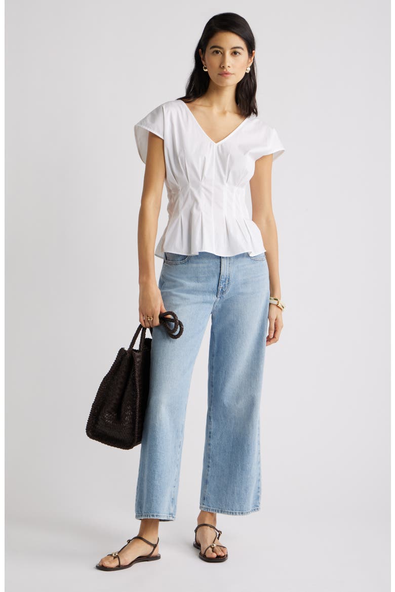 Pleated V-Neck Poplin Top, Alternate, color, WHITE