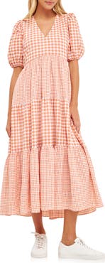 English Factory Mixed Gingham Tiered Dress