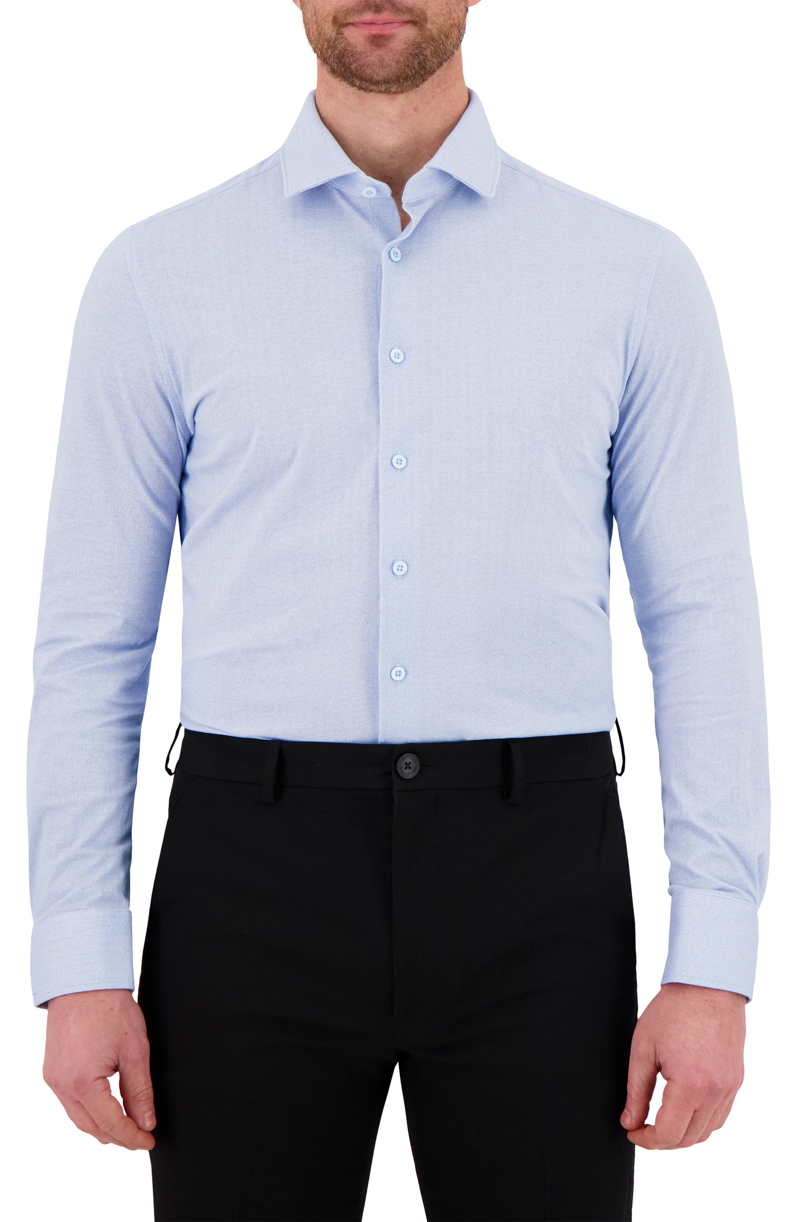 Victor Emmanuel Modern Fit Herringbone Print Comfort Stretch Knit Dress Shirt in Light Blue 