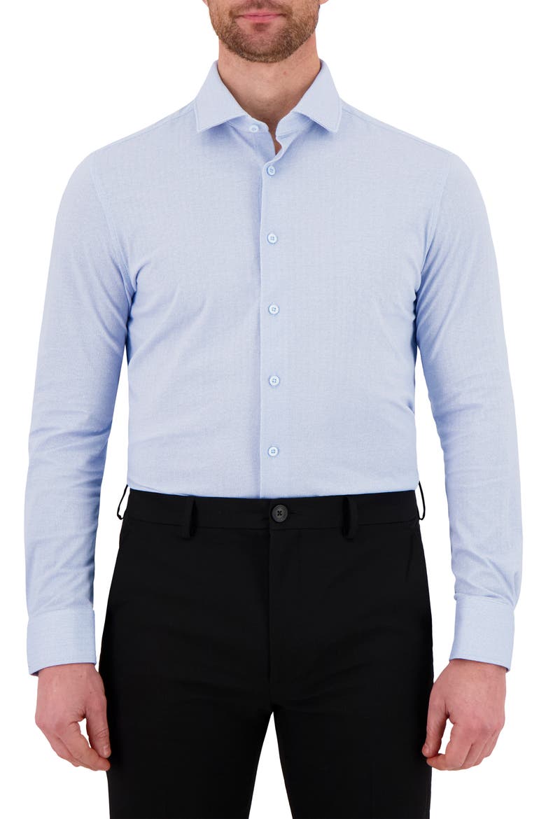 Modern Fit Herringbone Print Comfort Stretch Knit Dress Shirt, Main, color, LIGHT BLUE