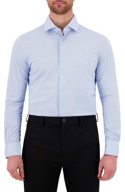 Modern Fit Herringbone Print Comfort Stretch Knit Dress Shirt