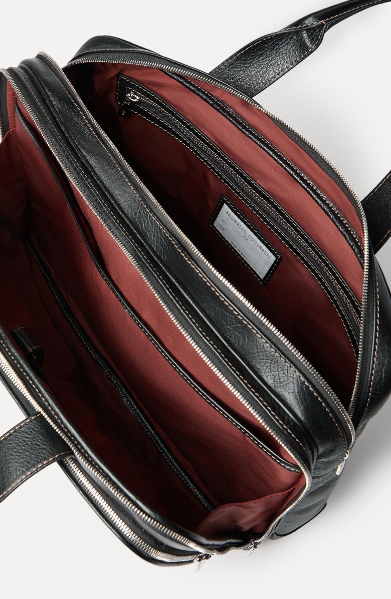 Brunello Cucinelli Grained calfskin briefcase with zipper, Alternate, color, Black