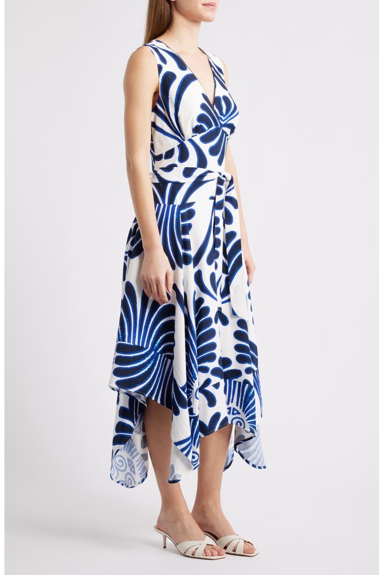 Abstract Floral Handkerchief Hem Midi Dress, Alternate, color, NAVY/ WHITE