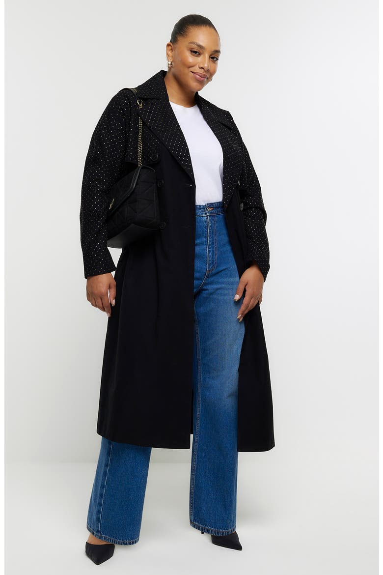 Belted Studded Longline Trench Coat, Alternate, color, BLACK