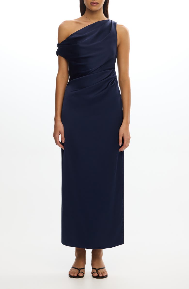 Significant Other Alyssa Pleated One-Shoulder Satin Gown, Main, color, Sapphire