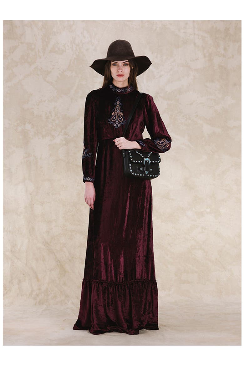 Maxi Velvet Embroidery Dress, Alternate, color, Violet