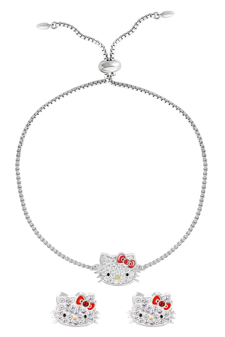 Hello Kitty® Pavé Cubic Zirconia & Enamel Bracelet & Stud Earrings Set, Main, color, GOLD AND WHITE
