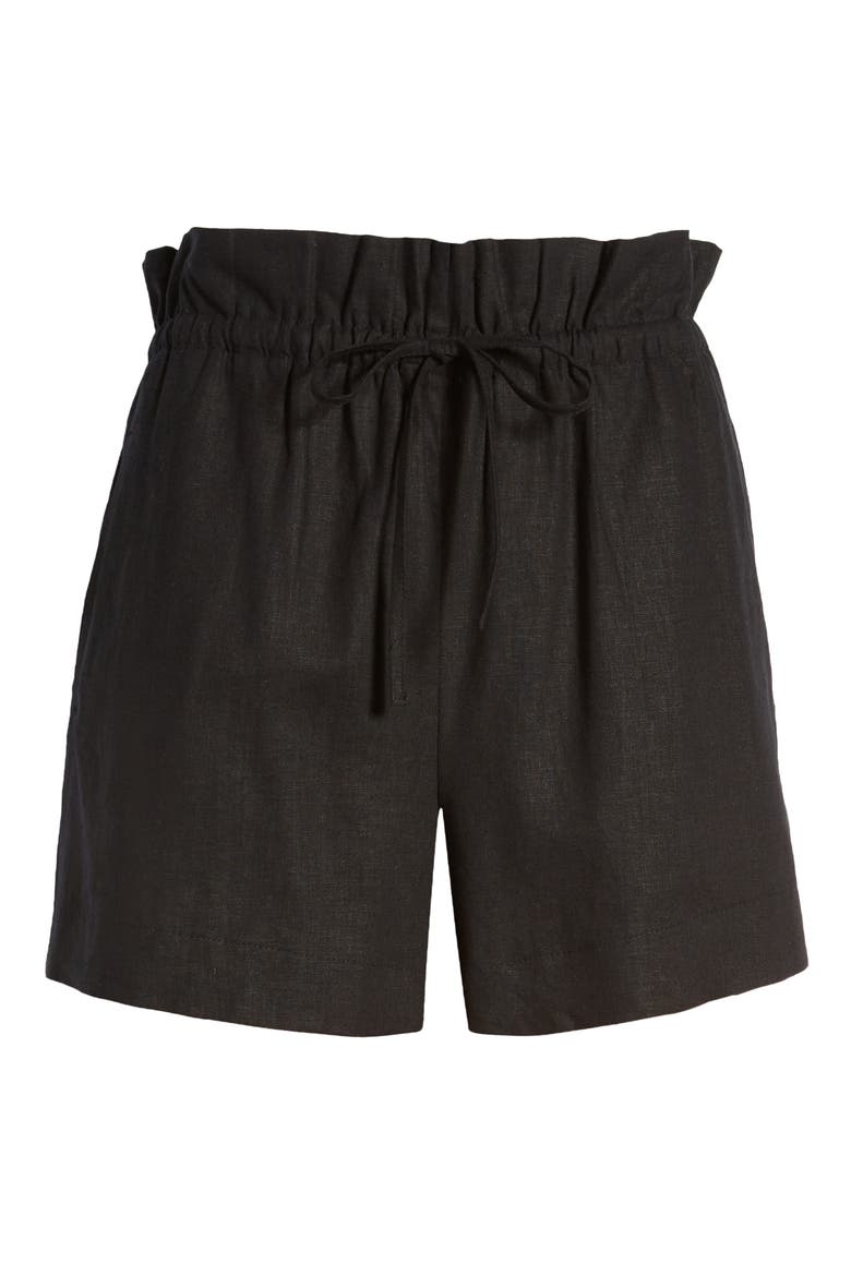 Paperbag Waist Linen Blend Shorts, Alternate, color, BLACK