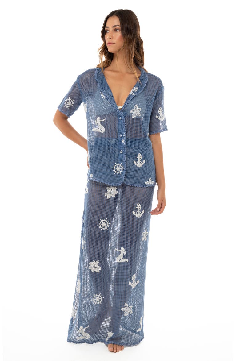 Axel Kai Crochet Trim Sheer Cotton Cover-Up Button-Up Shirt, Alternate, color, BLUE NAUTICAL