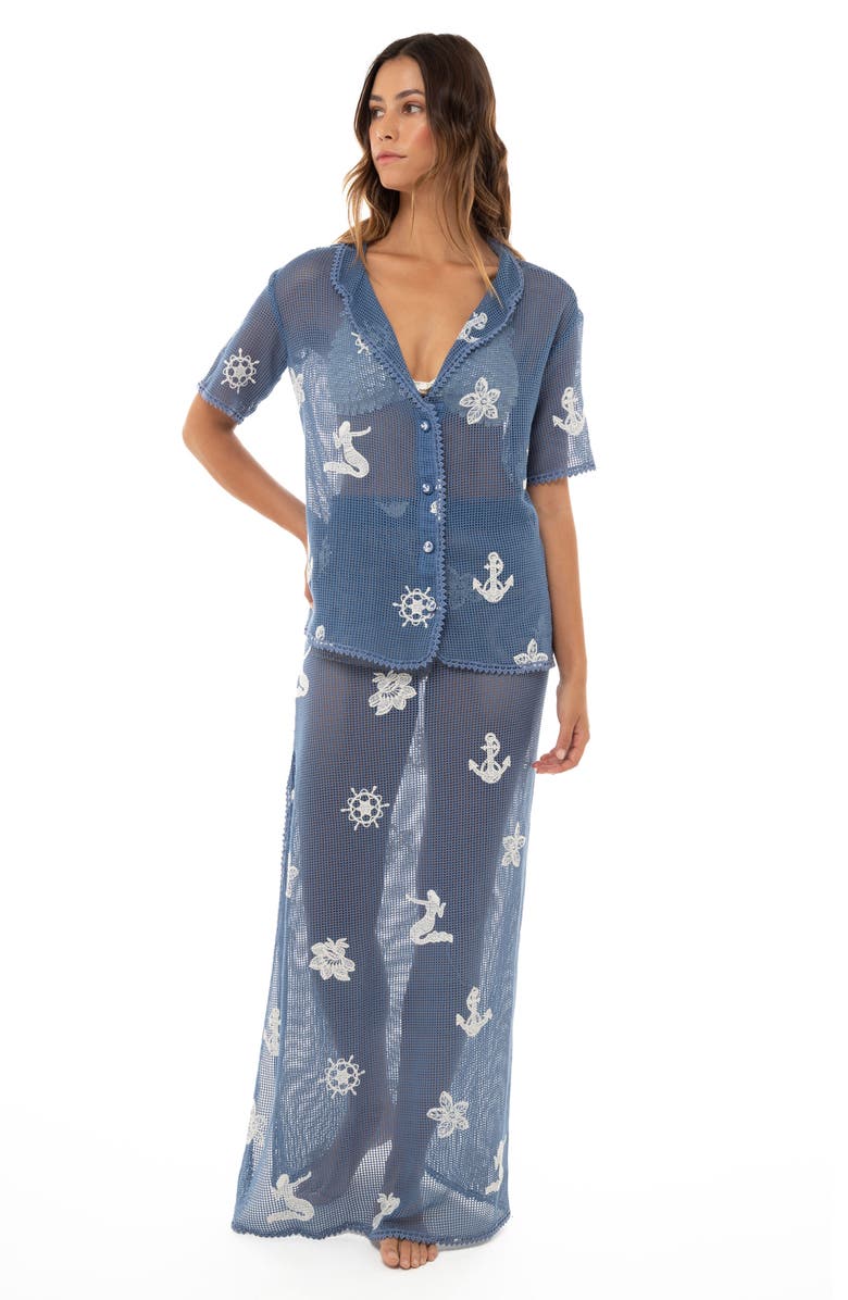 Agua Bendita Axel Kai Crochet Trim Sheer Cotton Cover-Up Button-Up Shirt, Alternate, color, Blue Nautical
