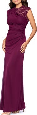 Betsy & Adam Lace Trim Asymmetric Ruched Gown