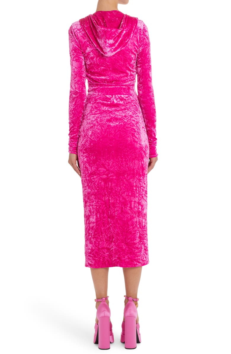 Versace Hooded Long Sleeve Deep V-Neck Crushed Velvet Midi Dress, Alternate, color, 